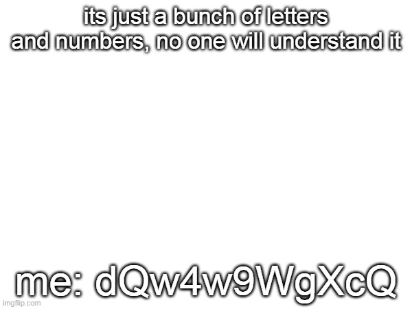 its just a bunch of letters and numbers, no one will understand it; me: dQw4w9WgXcQ | made w/ Imgflip meme maker