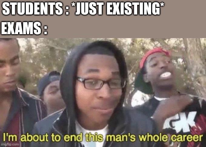 Exams | STUDENTS : *JUST EXISTING*; EXAMS : | image tagged in i m about to end this man s whole career | made w/ Imgflip meme maker