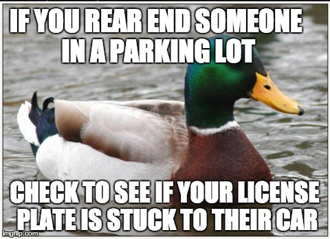 Actual Advice Mallard Meme | IF YOU REAR END SOMEONE IN A PARKING LOT CHECK TO SEE IF YOUR LICENSE PLATE IS STUCK TO THEIR CAR | image tagged in memes,actual advice mallard | made w/ Imgflip meme maker