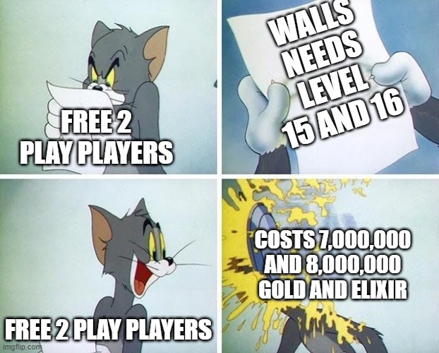 expensive walls in clash of clans | WALLS NEEDS LEVEL 15 AND 16; FREE 2 PLAY PLAYERS; COSTS 7,000,000 AND 8,000,000 GOLD AND ELIXIR; FREE 2 PLAY PLAYERS | image tagged in tom and jerry custard pie | made w/ Imgflip meme maker
