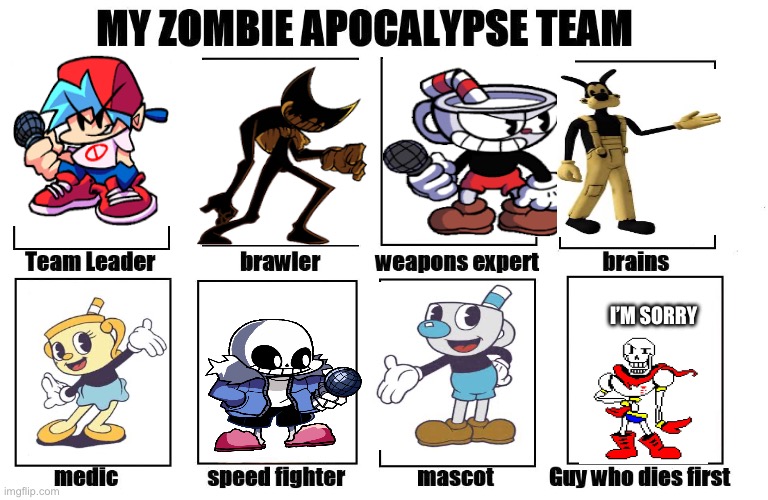 Let’s go | I’M SORRY | image tagged in my zombie apocalypse team,friday night funkin,cuphead,bendy and the ink machine,undertale | made w/ Imgflip meme maker