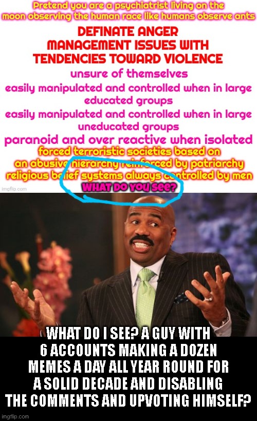 original meme (top half) made by that guy. | WHAT DO I SEE? A GUY WITH 6 ACCOUNTS MAKING A DOZEN MEMES A DAY ALL YEAR ROUND FOR A SOLID DECADE AND DISABLING THE COMMENTS AND UPVOTING HIMSELF? | image tagged in memes,steve harvey | made w/ Imgflip meme maker
