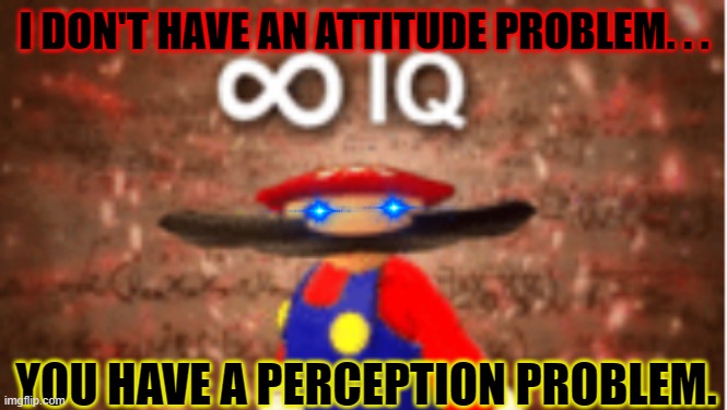 you have a perception problem | I DON'T HAVE AN ATTITUDE PROBLEM. . . YOU HAVE A PERCEPTION PROBLEM. | image tagged in infinite iq,meme,big brain | made w/ Imgflip meme maker