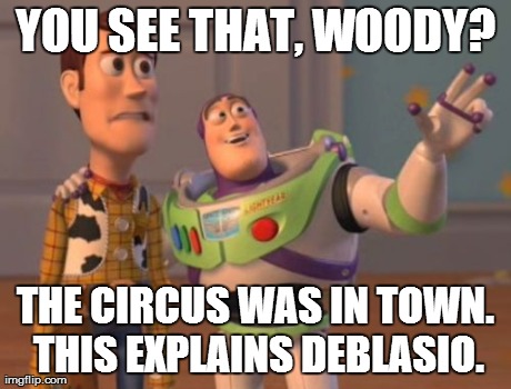 X, X Everywhere Meme | YOU SEE THAT, WOODY? THE CIRCUS WAS IN TOWN. THIS EXPLAINS DEBLASIO. | image tagged in memes,x x everywhere | made w/ Imgflip meme maker