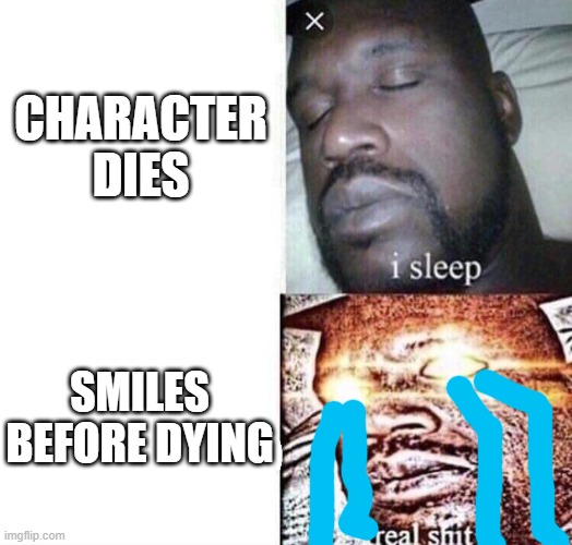 i sleep real shit | CHARACTER DIES; SMILES BEFORE DYING | image tagged in i sleep real shit | made w/ Imgflip meme maker
