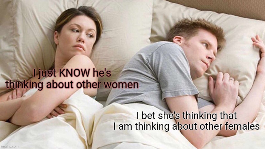 Are you thinking what I'm thinking? | I just KNOW he's thinking about other women; I bet she's thinking that I am thinking about other females | image tagged in memes,i bet he's thinking about other women | made w/ Imgflip meme maker