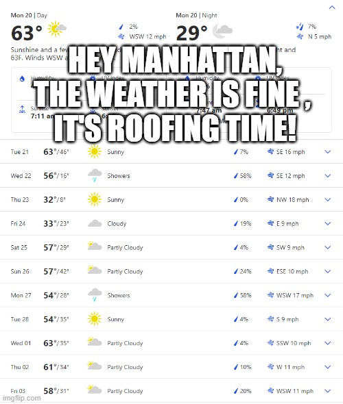 Roofing Weather | HEY MANHATTAN,
THE WEATHER IS FINE , 
IT'S ROOFING TIME! | image tagged in weather,roofing,work | made w/ Imgflip meme maker