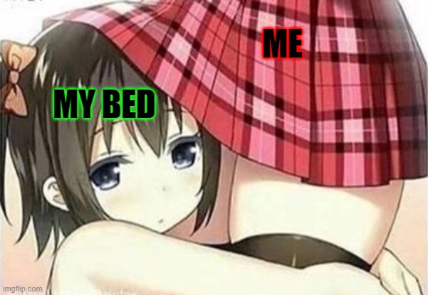 me and my bed | ME; MY BED | image tagged in anime girl hugging,bed | made w/ Imgflip meme maker