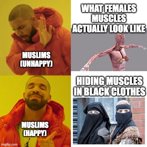 Drake Blank | WHAT FEMALES MUSCLES ACTUALLY LOOK LIKE; MUSLIMS
(UNHAPPY); HIDING MUSCLES IN BLACK CLOTHES; MUSLIMS
(HAPPY) | image tagged in drake blank | made w/ Imgflip meme maker