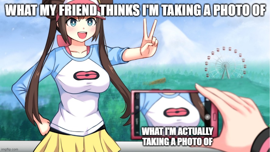 what im actually taking a photo of: | WHAT MY FRIEND THINKS I'M TAKING A PHOTO OF; WHAT I'M ACTUALLY TAKING A PHOTO OF | image tagged in anime boobs,anime,meme,funny | made w/ Imgflip meme maker