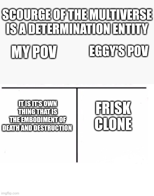 Basically Eggy sees every respawning character as a frisk clone | SCOURGE OF THE MULTIVERSE IS A DETERMINATION ENTITY; MY POV; EGGY'S POV; FRISK CLONE; IT IS IT'S OWN THING THAT IS THE EMBODIMENT OF DEATH AND DESTRUCTION | image tagged in comparison table | made w/ Imgflip meme maker