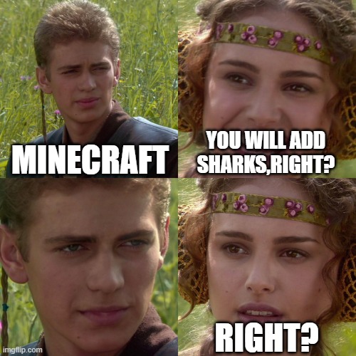 Anakin Padme 4 Panel | MINECRAFT; YOU WILL ADD SHARKS,RIGHT? RIGHT? | image tagged in anakin padme 4 panel | made w/ Imgflip meme maker