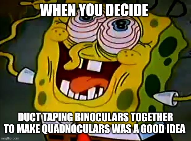 Quadnoculars | WHEN YOU DECIDE; DUCT TAPING BINOCULARS TOGETHER TO MAKE QUADNOCULARS WAS A GOOD IDEA | image tagged in musically insane spongebob | made w/ Imgflip meme maker
