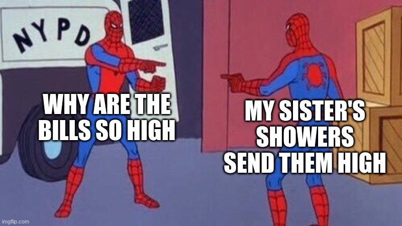 For real if you relate to this than Upvote! | WHY ARE THE BILLS SO HIGH; MY SISTER'S SHOWERS SEND THEM HIGH | image tagged in spiderman pointing at spiderman,shower,sister,why are you reading the tags,why are you reading this | made w/ Imgflip meme maker