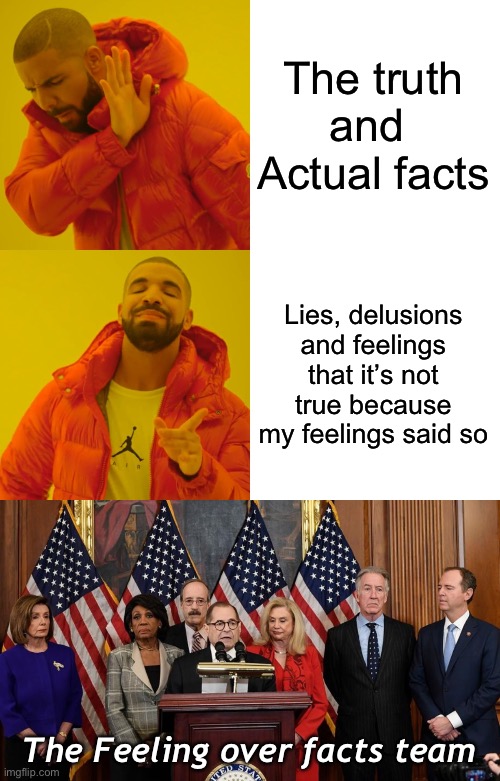 The truth and 
Actual facts Lies, delusions and feelings that it’s not true because my feelings said so The Feeling over facts team | image tagged in memes,drake hotline bling,house democrats | made w/ Imgflip meme maker