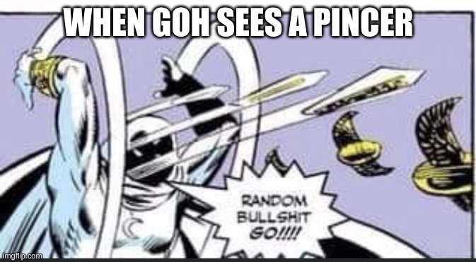 ah yes | WHEN GOH SEES A PINCER | image tagged in random bullshit go | made w/ Imgflip meme maker