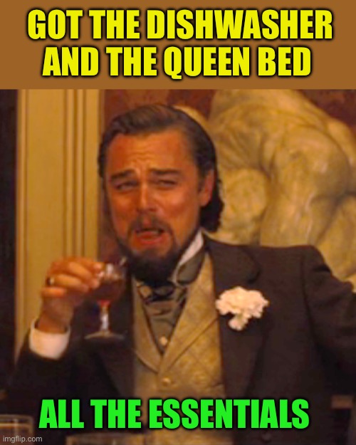 Laughing Leo Meme | GOT THE DISHWASHER AND THE QUEEN BED ALL THE ESSENTIALS | image tagged in memes,laughing leo | made w/ Imgflip meme maker