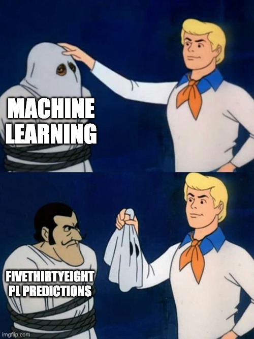 Scooby doo mask reveal | MACHINE LEARNING; FIVETHIRTYEIGHT PL PREDICTIONS | image tagged in scooby doo mask reveal | made w/ Imgflip meme maker