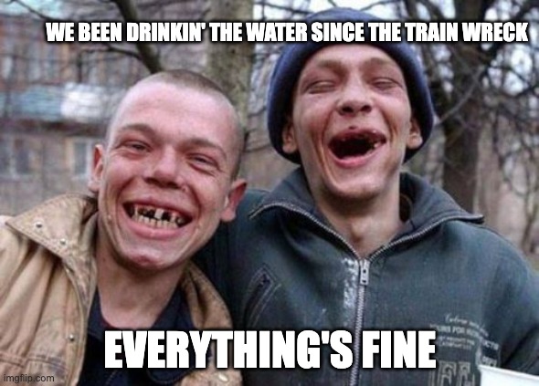 Ugly Twins | WE BEEN DRINKIN' THE WATER SINCE THE TRAIN WRECK; EVERYTHING'S FINE | image tagged in memes,ugly twins | made w/ Imgflip meme maker
