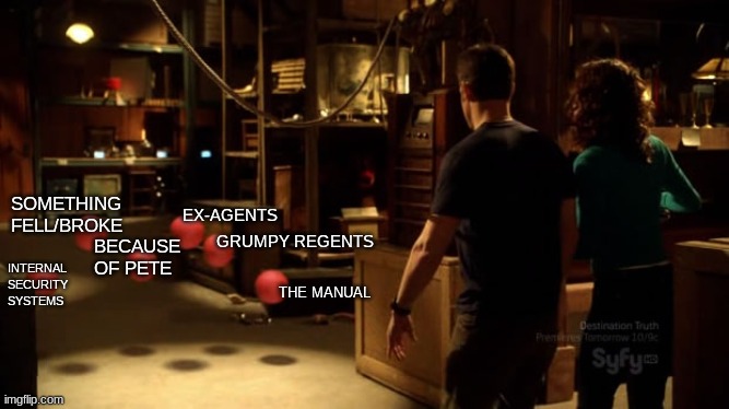 Warehouse 13 | SOMETHING FELL/BROKE; EX-AGENTS; BECAUSE OF PETE; GRUMPY REGENTS; INTERNAL SECURITY SYSTEMS; THE MANUAL | image tagged in warehouse 13 dodgeballs | made w/ Imgflip meme maker