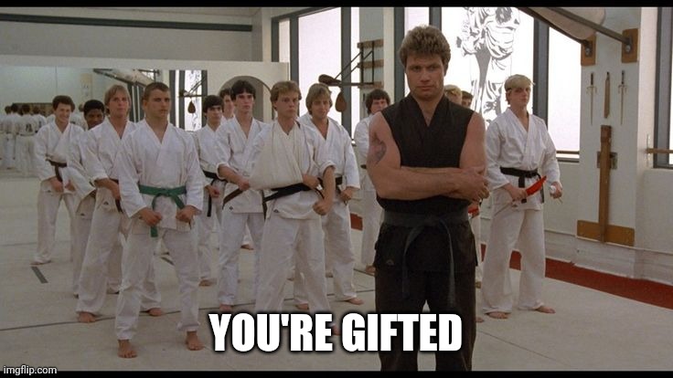 Cobra Kai Dojo | YOU'RE GIFTED | image tagged in cobra kai dojo | made w/ Imgflip meme maker