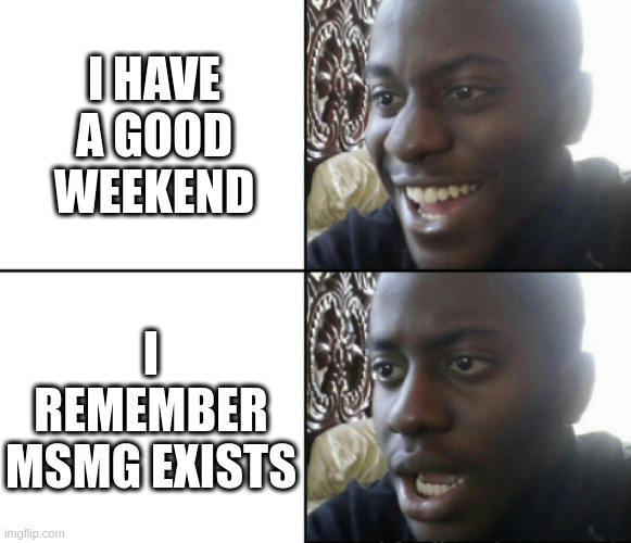 Yes | I HAVE A GOOD WEEKEND; I REMEMBER MSMG EXISTS | image tagged in happy / shock | made w/ Imgflip meme maker