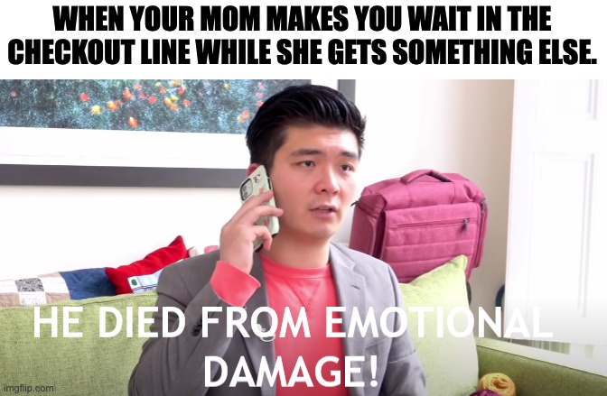 emotional damage | WHEN YOUR MOM MAKES YOU WAIT IN THE CHECKOUT LINE WHILE SHE GETS SOMETHING ELSE. | image tagged in he died from emotional damage | made w/ Imgflip meme maker