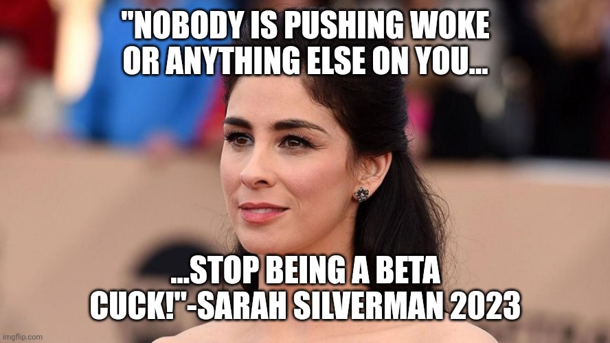 Sarah Silverman Thinking Liberal Thoughts | "NOBODY IS PUSHING WOKE OR ANYTHING ELSE ON YOU... ...STOP BEING A BETA CUCK!"-SARAH SILVERMAN 2023 | image tagged in sarah silverman thinking liberal thoughts | made w/ Imgflip meme maker