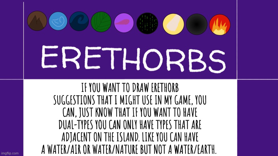 Erethorbs suggestions welcome | IF YOU WANT TO DRAW ERETHORB SUGGESTIONS THAT I MIGHT USE IN MY GAME, YOU CAN, JUST KNOW THAT IF YOU WANT TO HAVE DUAL-TYPES YOU CAN ONLY HAVE TYPES THAT ARE ADJACENT ON THE ISLAND. LIKE YOU CAN HAVE A WATER/AIR OR WATER/NATURE BUT NOT A WATER/EARTH. | image tagged in erethorbs | made w/ Imgflip meme maker