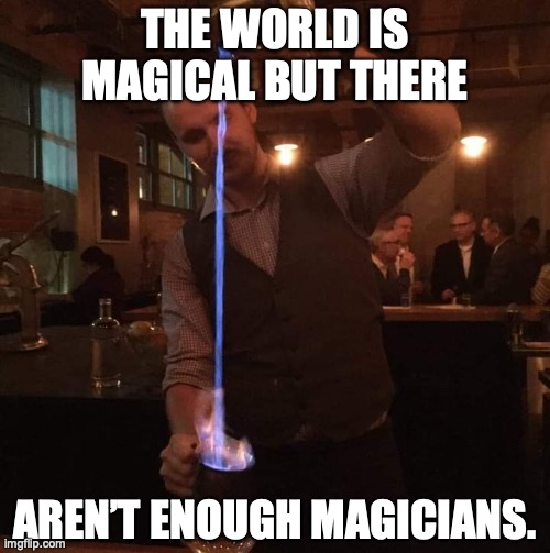 This drink is magic! | THE WORLD IS MAGICAL BUT THERE; AREN’T ENOUGH MAGICIANS. | image tagged in fancy mixologist bartender burning sh t,magician,cocktails | made w/ Imgflip meme maker