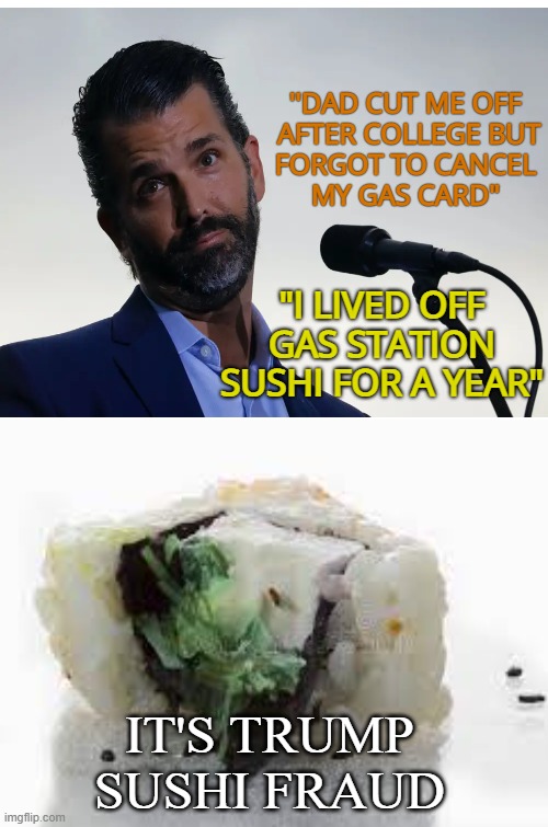 When Daddy pulled JR'S money plug | ''DAD CUT ME OFF


 AFTER COLLEGE BUT FORGOT TO CANCEL MY GAS CARD"; "I LIVED OFF GAS STATION SUSHI FOR A YEAR"; IT'S TRUMP SUSHI FRAUD | image tagged in donald trump,sushi,gas station,homeless,funny | made w/ Imgflip meme maker