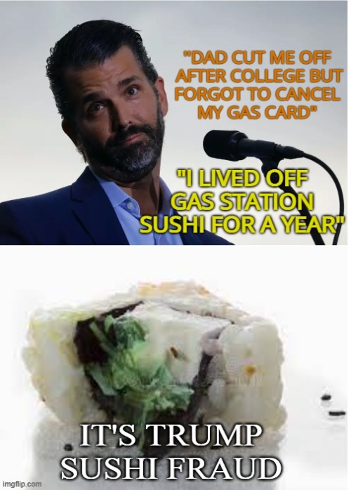 When dad pulled jr's money plug | image tagged in donald trump,sushi,gas station,funny,homeless | made w/ Imgflip meme maker