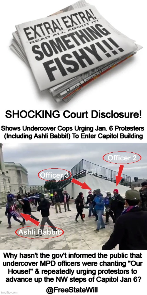 New information Bombshells Point to Deep State Setup |  SHOCKING Court Disclosure! Shows Undercover Cops Urging Jan. 6 Protesters 

(Including Ashli Babbit) To Enter Capitol Building; Why hasn't the gov't informed the public that 

undercover MPD officers were chanting "Our 

House!" & repeatedly urging protestors to 

advance up the NW steps of Capitol Jan 6? @FreeStateWill | image tagged in politics,jan 6,capitol hill,breaking news,protesters,patriots | made w/ Imgflip meme maker