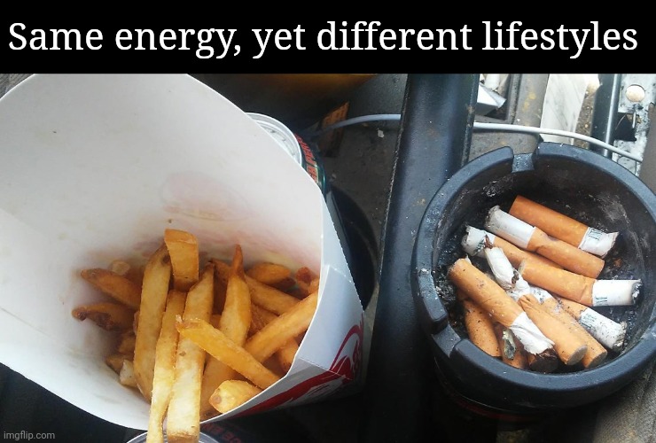 Fries and cigarettes | Same energy, yet different lifestyles | image tagged in ash tray,cigarettes,cigarette,french fries,fries,memes | made w/ Imgflip meme maker