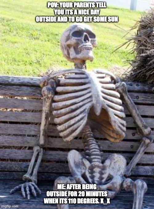 Real | POV: YOUR PARENTS TELL YOU ITS A NICE DAY OUTSIDE AND TO GO GET SOME SUN; ME: AFTER BEING OUTSIDE FOR 20 MINUTES WHEN ITS 110 DEGREES. X_X | image tagged in memes,waiting skeleton | made w/ Imgflip meme maker