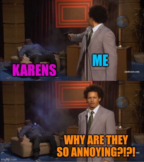 They be so annoying ngl | ME; KARENS; WHY ARE THEY SO ANNOYING?!?! | image tagged in memes,who killed hannibal,karens,karen,funny,relatable | made w/ Imgflip meme maker