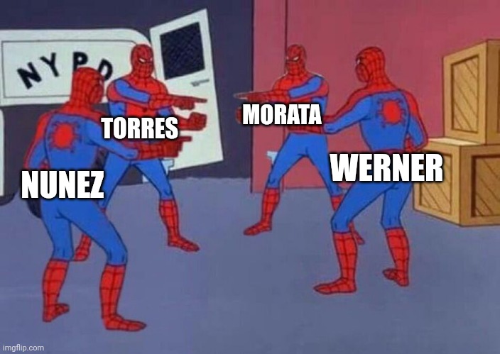 Missing easy chances | MORATA; TORRES; WERNER; NUNEZ | image tagged in 4 spiderman pointing at each other | made w/ Imgflip meme maker