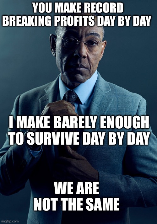 Gus Fring we are not the same | YOU MAKE RECORD BREAKING PROFITS DAY BY DAY; I MAKE BARELY ENOUGH TO SURVIVE DAY BY DAY; WE ARE NOT THE SAME | image tagged in gus fring we are not the same | made w/ Imgflip meme maker