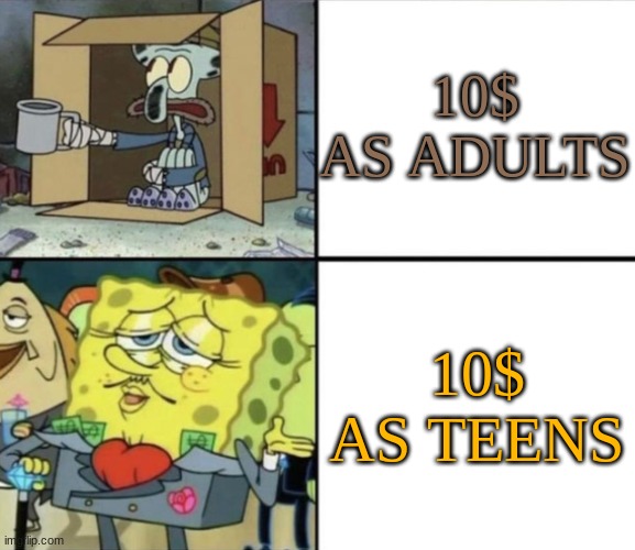 10 $ | 10$ AS ADULTS; 10$ AS TEENS | image tagged in poor squidward vs rich spongebob | made w/ Imgflip meme maker