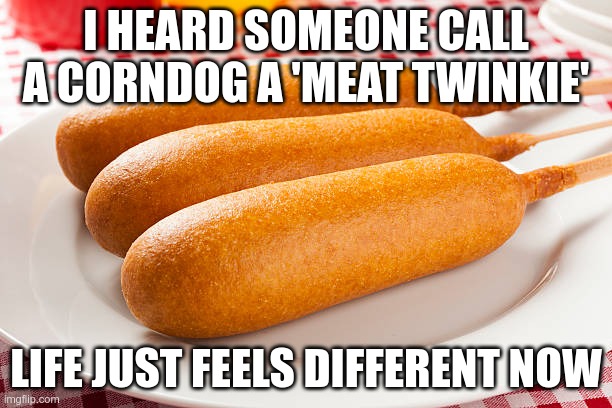 Corndogs are Meat Twinkies |  I HEARD SOMEONE CALL A CORNDOG A 'MEAT TWINKIE'; LIFE JUST FEELS DIFFERENT NOW | image tagged in funny food | made w/ Imgflip meme maker