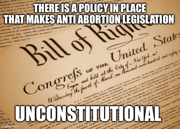 Bill of Rights  | THERE IS A POLICY IN PLACE THAT MAKES ANTI ABORTION LEGISLATION; UNCONSTITUTIONAL | image tagged in bill of rights | made w/ Imgflip meme maker