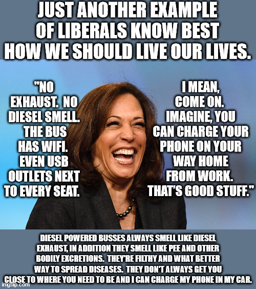 When was the last time she rode a bus? | JUST ANOTHER EXAMPLE OF LIBERALS KNOW BEST HOW WE SHOULD LIVE OUR LIVES. "NO EXHAUST.  NO DIESEL SMELL.  THE BUS HAS WIFI.  EVEN USB OUTLETS NEXT TO EVERY SEAT. I MEAN, COME ON.  IMAGINE, YOU CAN CHARGE YOUR PHONE ON YOUR WAY HOME FROM WORK.  THAT’S GOOD STUFF."; DIESEL POWERED BUSSES ALWAYS SMELL LIKE DIESEL EXHAUST, IN ADDITION THEY SMELL LIKE PEE AND OTHER BODILY EXCRETIONS.  THEY'RE FILTHY AND WHAT BETTER WAY TO SPREAD DISEASES.  THEY DON'T ALWAYS GET YOU CLOSE TO WHERE YOU NEED TO BE AND I CAN CHARGE MY PHONE IN MY CAR. | image tagged in public transportation are petri dishes,busses are the best way to spread covid,my car is more reliable than busses | made w/ Imgflip meme maker