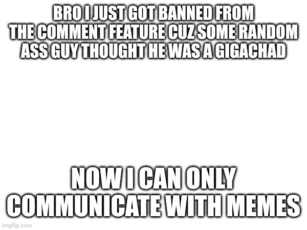 Bruh | BRO I JUST GOT BANNED FROM THE COMMENT FEATURE CUZ SOME RANDOM ASS GUY THOUGHT HE WAS A GIGACHAD; NOW I CAN ONLY COMMUNICATE WITH MEMES | image tagged in bruh,certified bruh moment | made w/ Imgflip meme maker