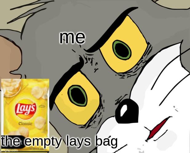 Unsettled Tom Meme | me; the empty lays bag | image tagged in memes,unsettled tom | made w/ Imgflip meme maker