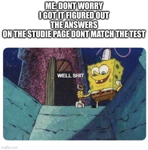 lol | ME: DONT WORRY I GOT IT FIGURED OUT
THE ANSWERS ON THE STUDIE PAGE DONT MATCH THE TEST | image tagged in well shit spongebob edition | made w/ Imgflip meme maker