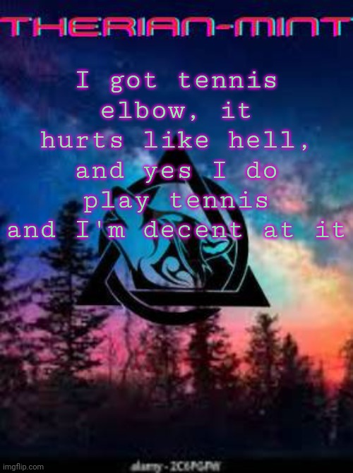 Therian | I got tennis elbow, it hurts like hell, and yes I do play tennis and I'm decent at it | image tagged in therian | made w/ Imgflip meme maker