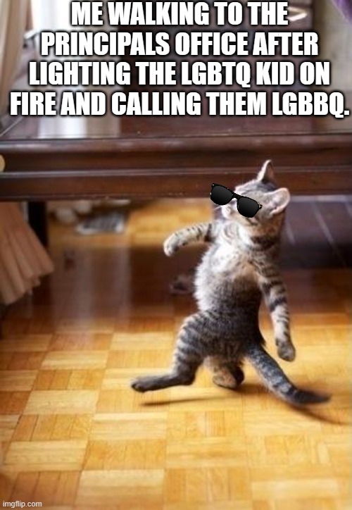 Cool Cat Stroll | ME WALKING TO THE PRINCIPALS OFFICE AFTER LIGHTING THE LGBTQ KID ON FIRE AND CALLING THEM LGBBQ. | image tagged in memes,cool cat stroll | made w/ Imgflip meme maker