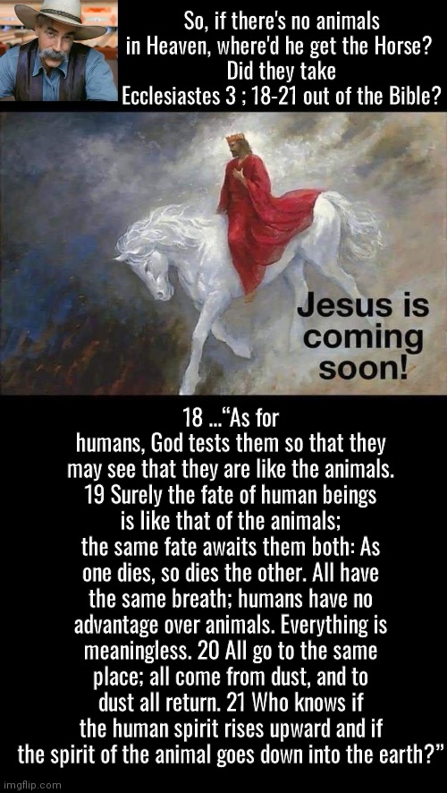 Who says there's no Animals in Heaven | So, if there's no animals in Heaven, where'd he get the Horse? 
Did they take Ecclesiastes 3 ; 18-21 out of the Bible? 18 ...“As for humans, God tests them so that they may see that they are like the animals. 19 Surely the fate of human beings is like that of the animals; the same fate awaits them both: As one dies, so dies the other. All have the same breath; humans have no advantage over animals. Everything is meaningless. 20 All go to the same place; all come from dust, and to dust all return. 21 Who knows if the human spirit rises upward and if the spirit of the animal goes down into the earth?” | image tagged in bible verse,sam elliott cowboy | made w/ Imgflip meme maker