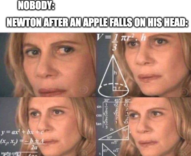 Math lady/Confused lady | NOBODY:; NEWTON AFTER AN APPLE FALLS ON HIS HEAD: | image tagged in math lady/confused lady | made w/ Imgflip meme maker
