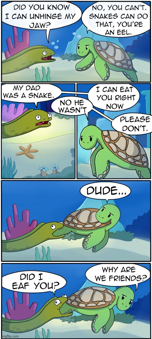 Eel | image tagged in theodd1sout,comics,comics/cartoons,eel,turtle,turtles | made w/ Imgflip meme maker